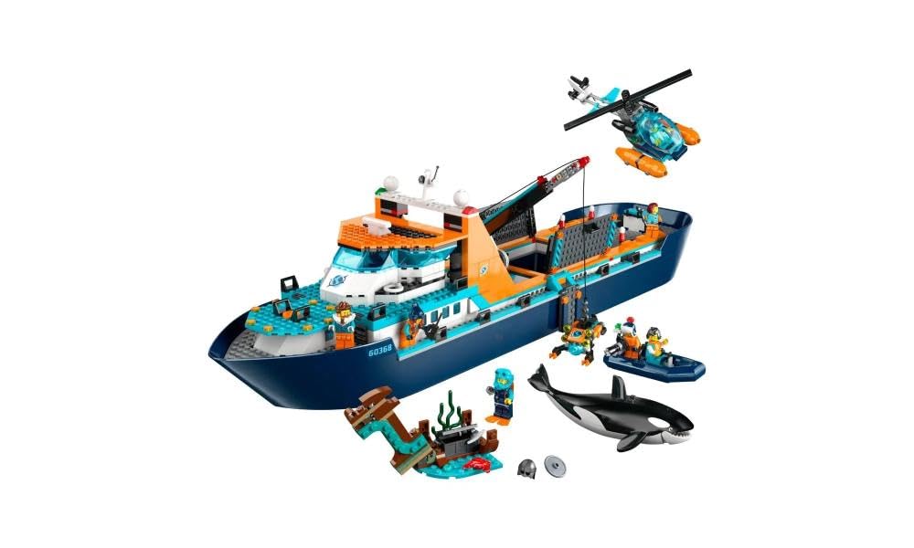 LEGO City Arctic Explorer Ship 60368 Building Toy Set, Fun Toy Gift for 7 Year Old Boys and Girls, with a Floatable Boat, Helicopter, Dinghy, ROV Sub, Viking Shipwreck, 7 Minifigures and an Orca