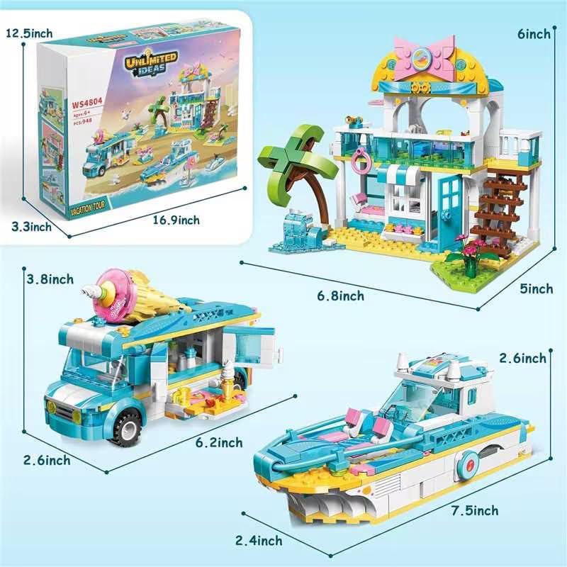 Beach House Building Block Set - 3 IN 1 Friends Vacation Tour Toy Kit Includes Beachside Villa, Ice Cream Truck, Yacht - Ideal Roleplay and Imaginative Gift for Kids, Girls Aged 6+ (948 Pieces)