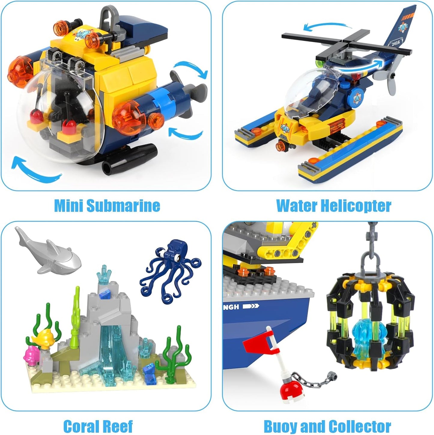 City Arctic Explorer Ship Building Toy Set,797pcs City Arctic Explorer Boat Building Kit with Coral Reef Scene,Octopus,Crab, Submarine and Helicopter,Ocean Building Toy for 6+ Years Old Boy Girl Gift