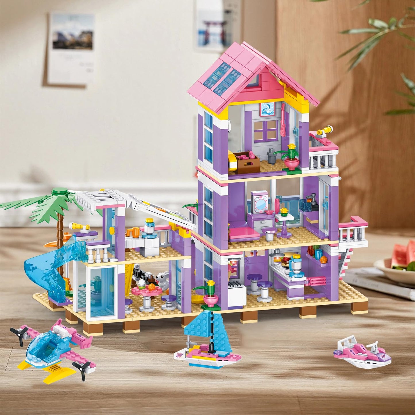 955 Piece Beach House Building Set,Seaside Beach Villa Building Toys Friends Vacation Hut Blocks Set,STEM BuildingToys with Helicopter,Yacht,Sailboat, for Boys Girls Ages 6-12+