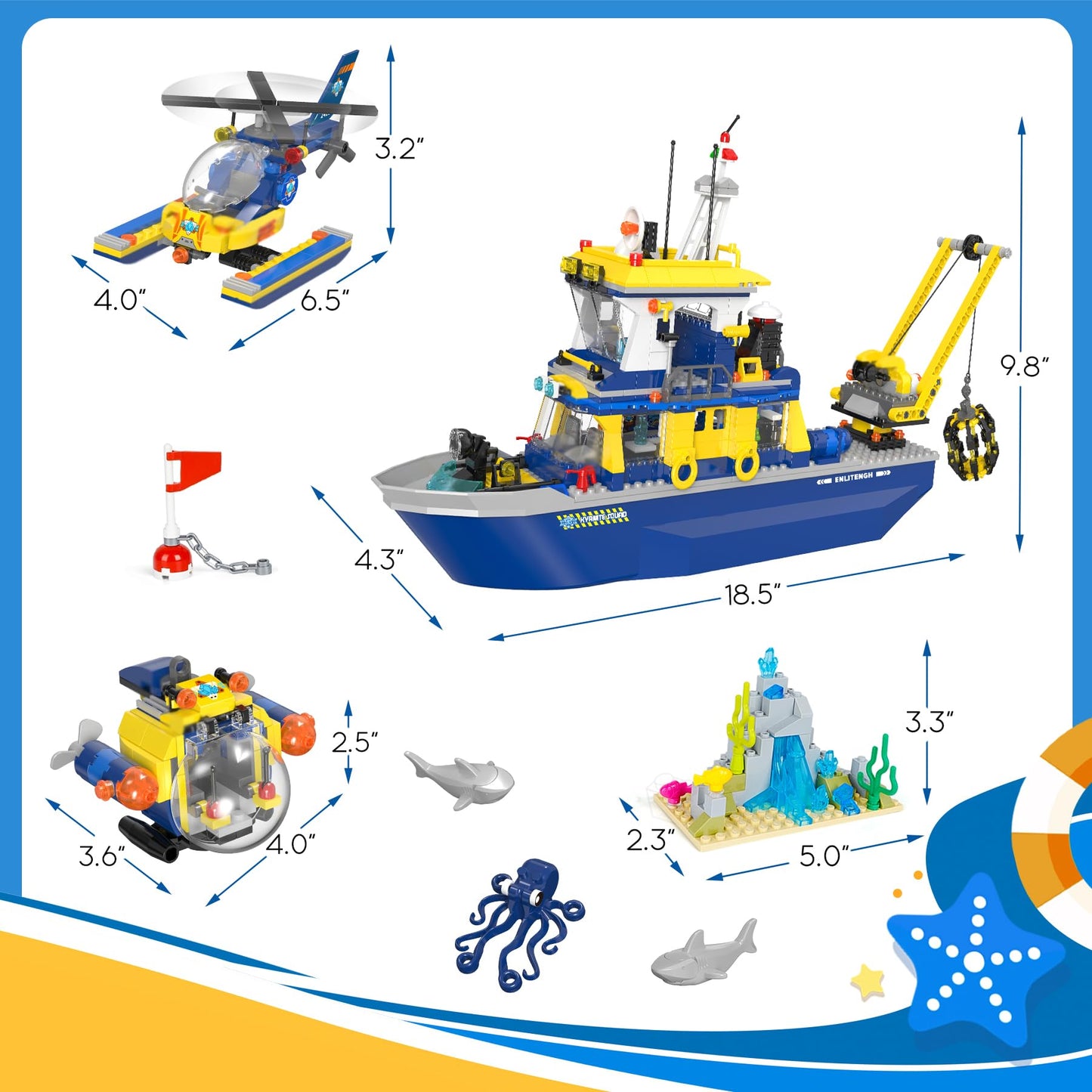 City Ocean Explorer Ship Building Kit, with Helicopter, Submarine, Coral Reef Setting, Shark and Octopus, Creative Ocean Toy Gift for Kids Boys Girls Ages 6+ (797 Pieces)