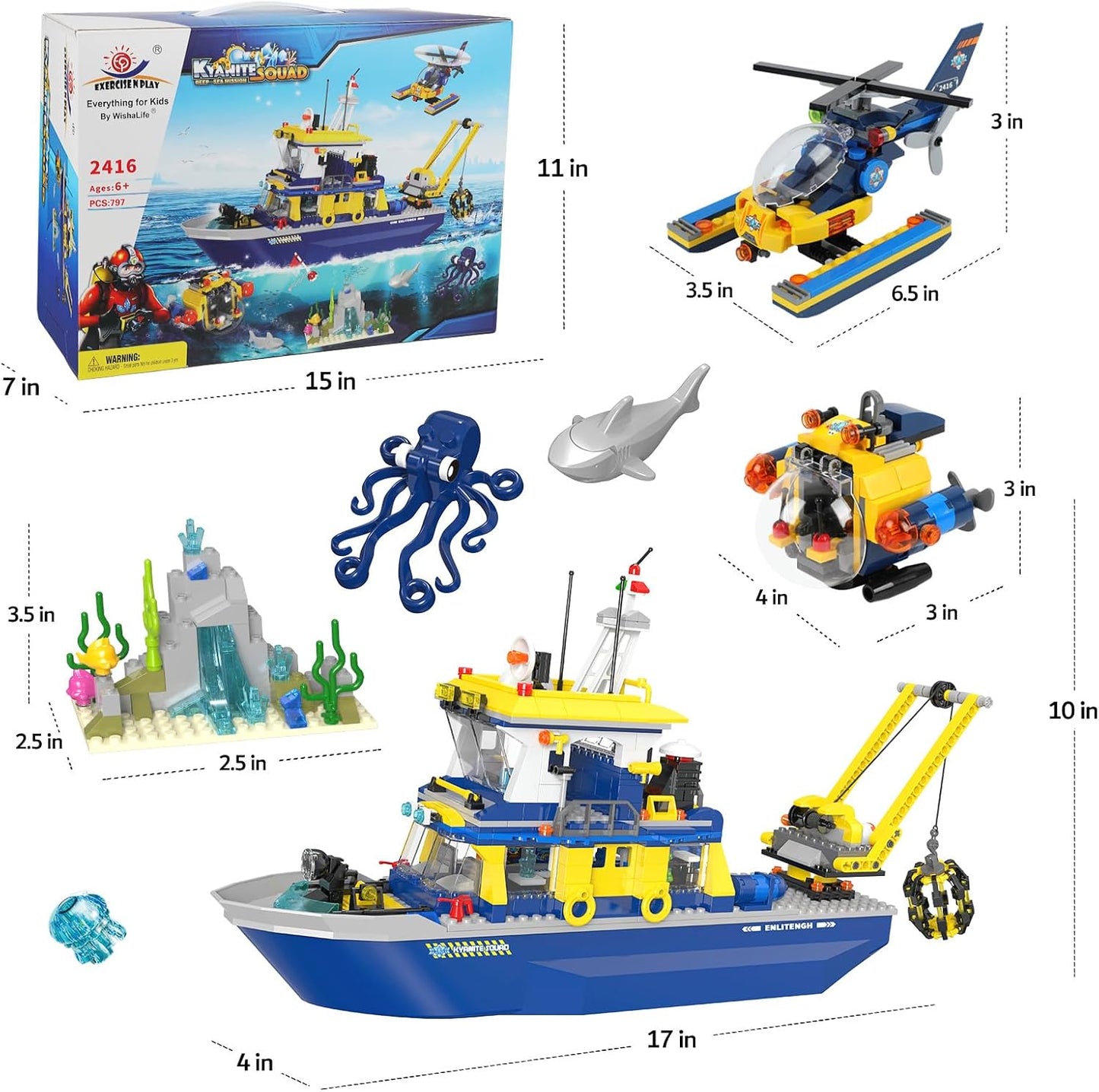 City Arctic Explorer Ship Building Toy Set,797pcs City Arctic Explorer Boat Building Kit with Coral Reef Scene,Octopus,Crab, Submarine and Helicopter,Ocean Building Toy for 6+ Years Old Boy Girl Gift