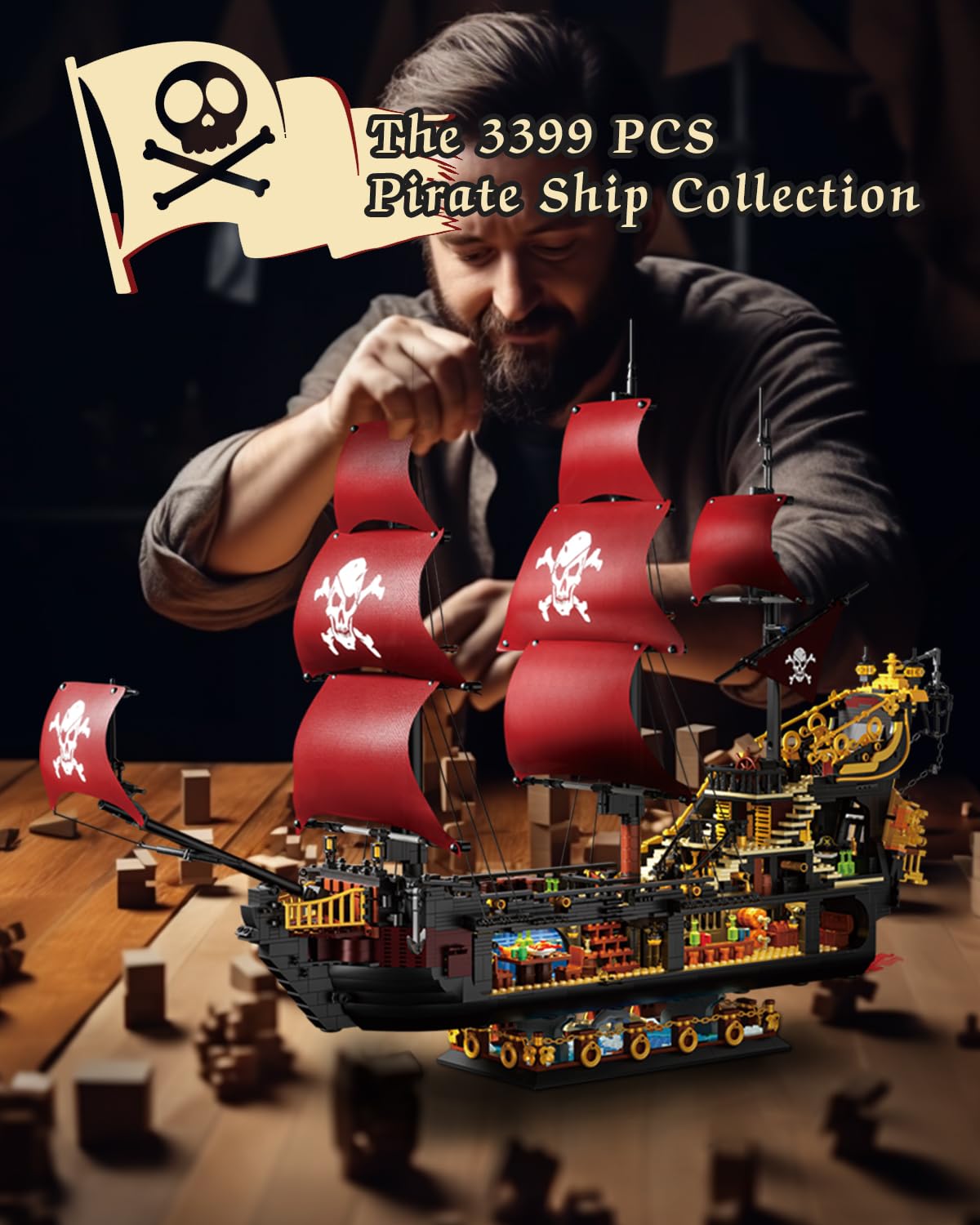 Pirate Ship Building Kit, Queen Anne's Revenge Pirate Ship Building Set for Adults, Building Toys Gift for Kids Boys 8-12, Compatible with Lego Pirate Ship, 3399 PCS