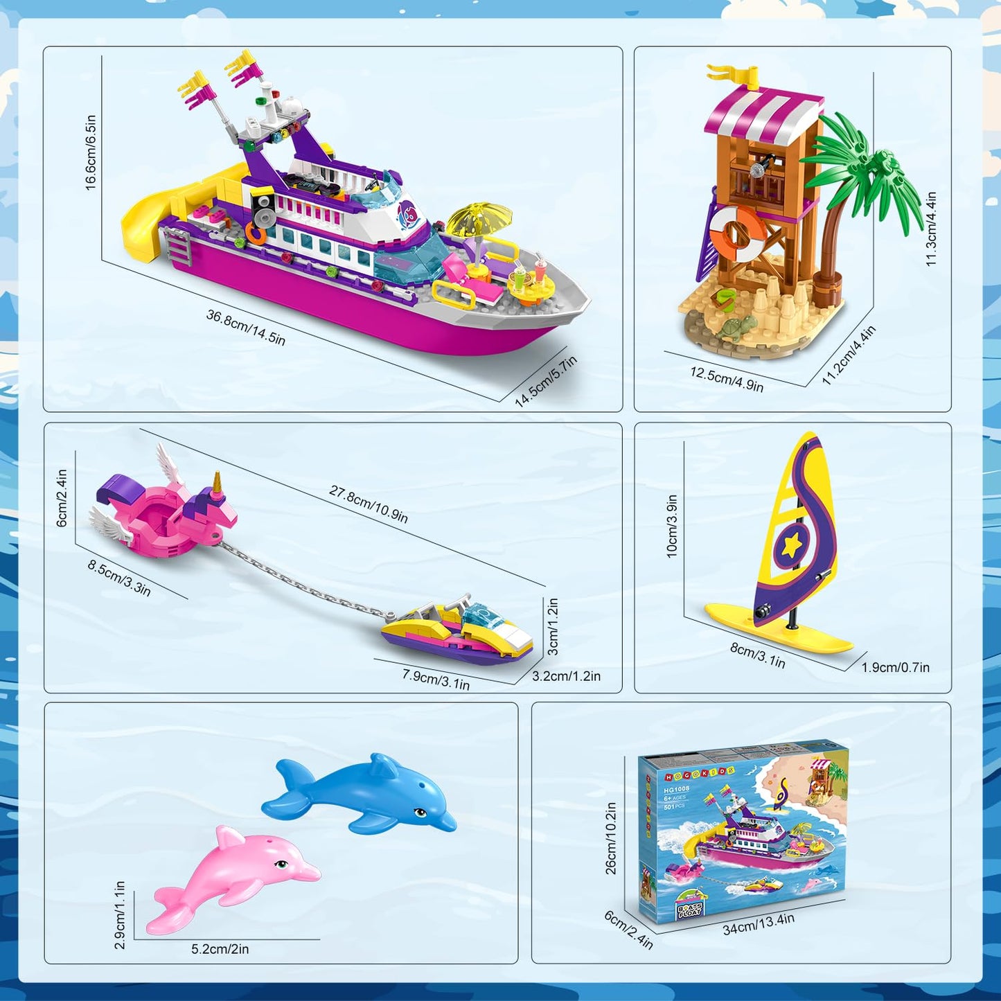 HOGOKIDS Boat Building Set with LED Light - Floatable Cruise Ship Building Toys with Beach Water Scooter & Dolphins Watchtower Blocks Friends Playset Gifts for Kids Girls Boys Ages 6-12 Years（501 PCS）