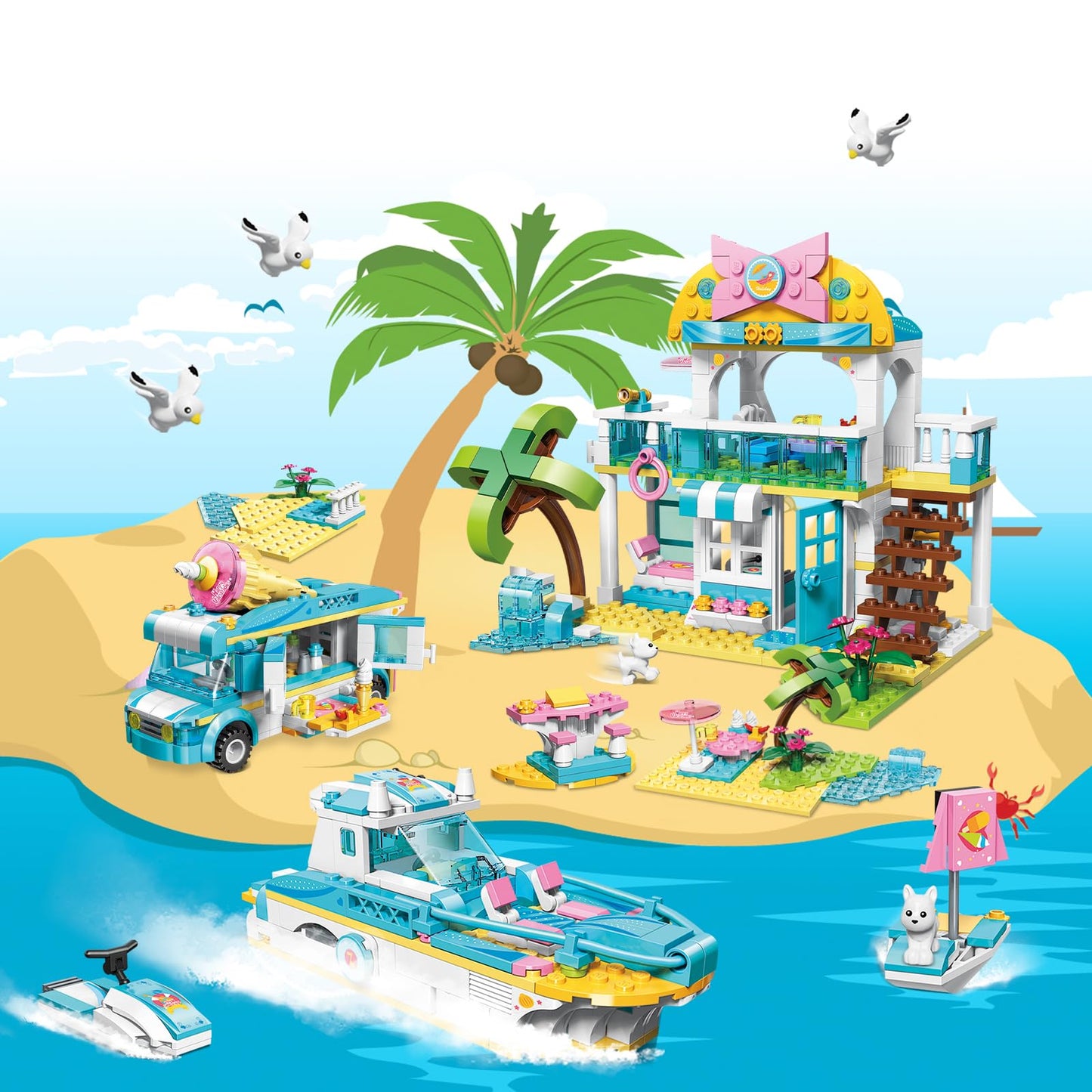 Beach House Building Block Set - 3 IN 1 Friends Vacation Tour Toy Kit Includes Beachside Villa, Ice Cream Truck, Yacht - Ideal Roleplay and Imaginative Gift for Kids, Girls Aged 6+ (948 Pieces)