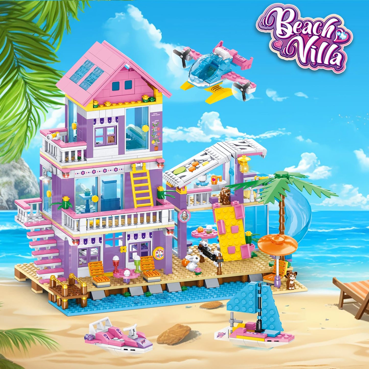 955 Piece Beach House Building Set,Seaside Beach Villa Building Toys Friends Vacation Hut Blocks Set,STEM BuildingToys with Helicopter,Yacht,Sailboat, for Boys Girls Ages 6-12+