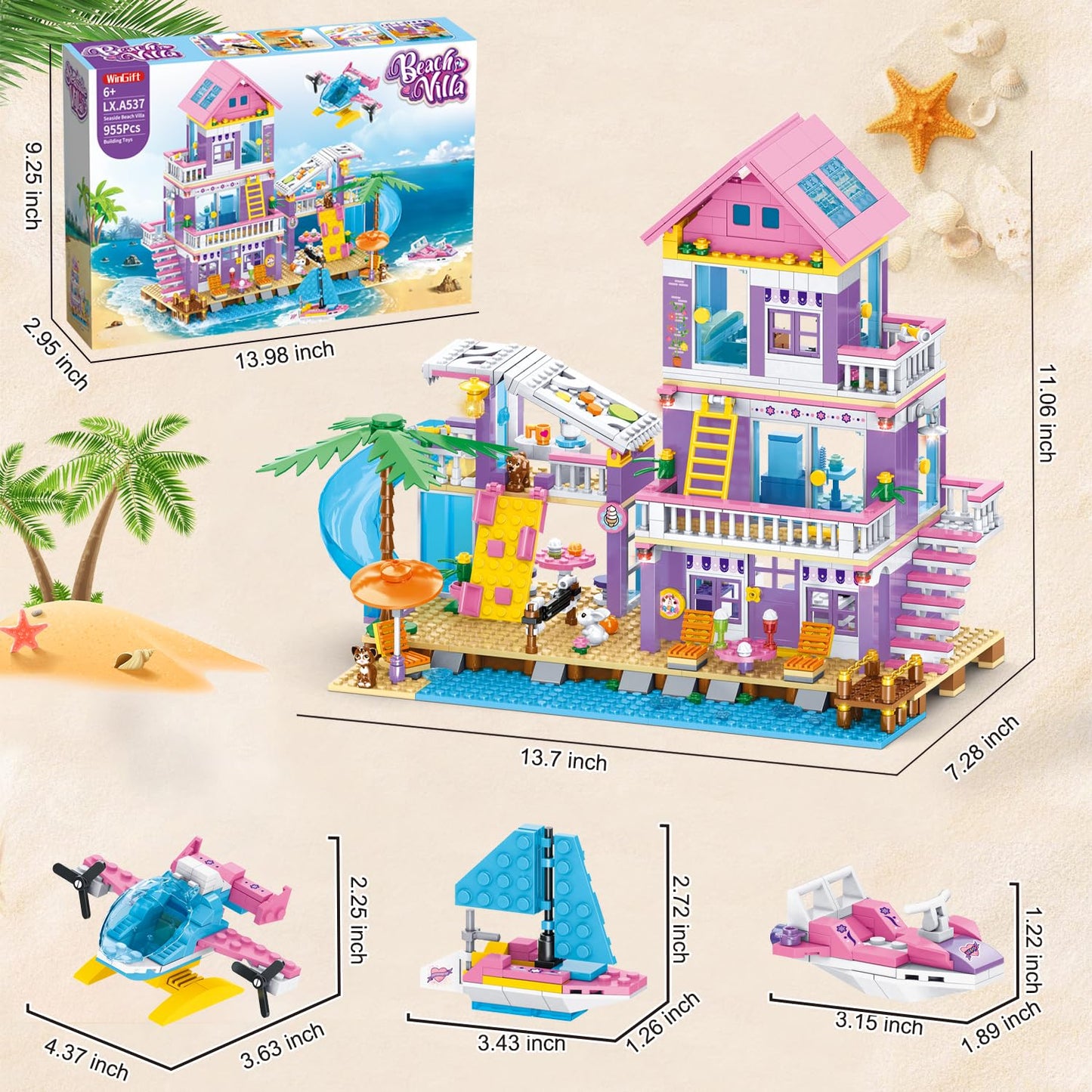 955 Piece Beach House Building Set,Seaside Beach Villa Building Toys Friends Vacation Hut Blocks Set,STEM BuildingToys with Helicopter,Yacht,Sailboat, for Boys Girls Ages 6-12+