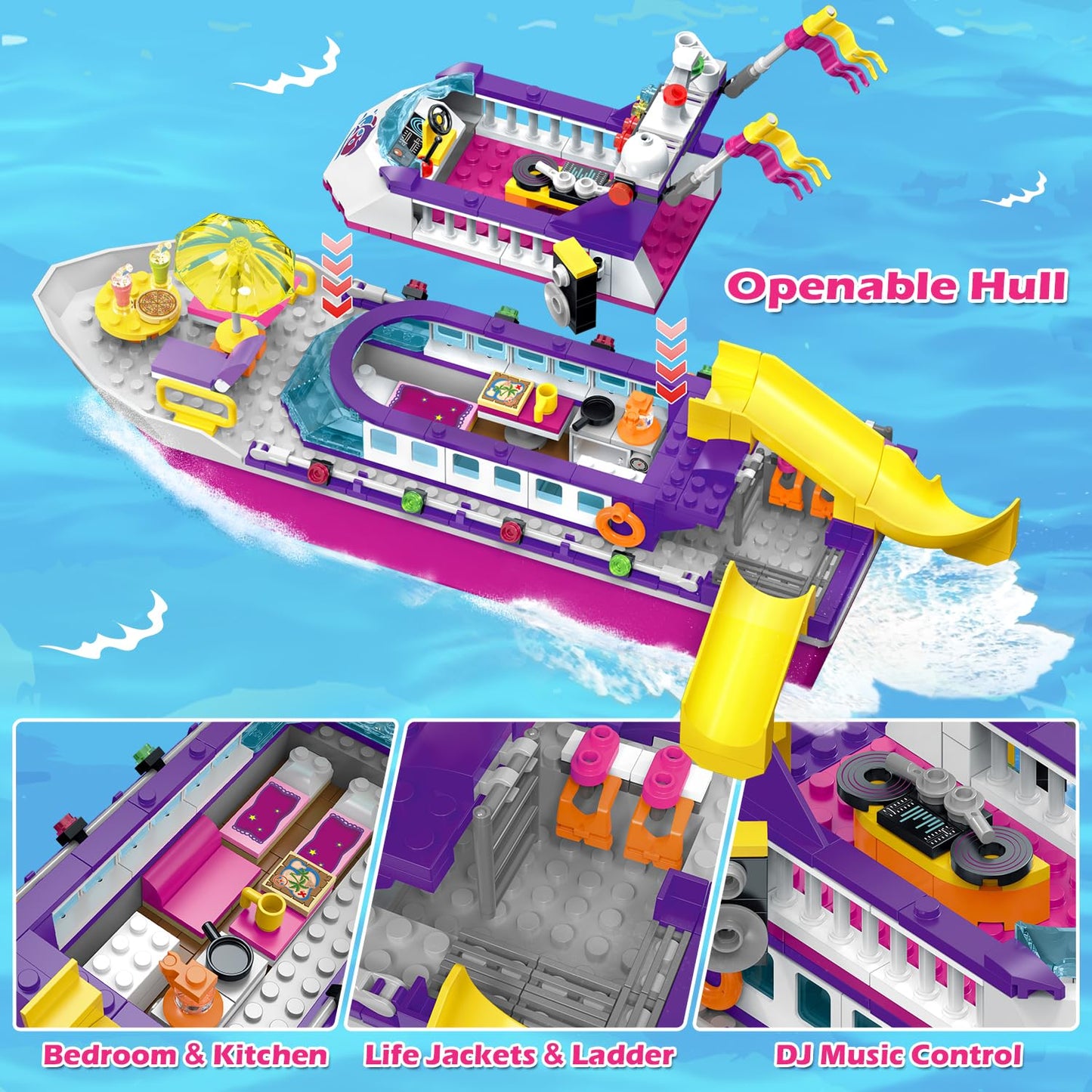 HOGOKIDS Boat Building Set with LED Light - Floatable Cruise Ship Building Toys with Beach Water Scooter & Dolphins Watchtower Blocks Friends Playset Gifts for Kids Girls Boys Ages 6-12 Years（501 PCS）