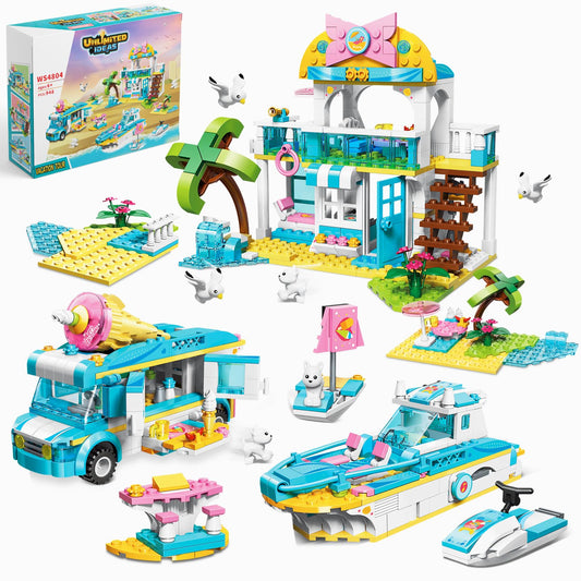 Beach House Building Block Set - 3 IN 1 Friends Vacation Tour Toy Kit Includes Beachside Villa, Ice Cream Truck, Yacht - Ideal Roleplay and Imaginative Gift for Kids, Girls Aged 6+ (948 Pieces)