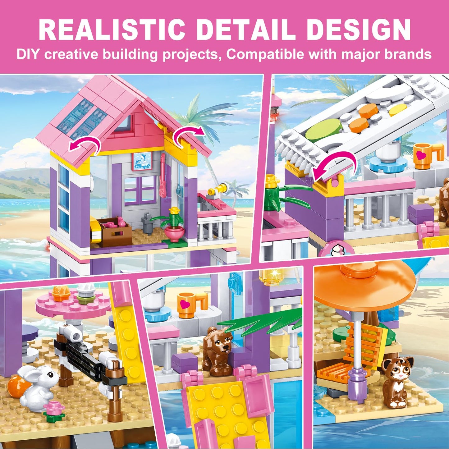 955 Piece Beach House Building Set,Seaside Beach Villa Building Toys Friends Vacation Hut Blocks Set,STEM BuildingToys with Helicopter,Yacht,Sailboat, for Boys Girls Ages 6-12+