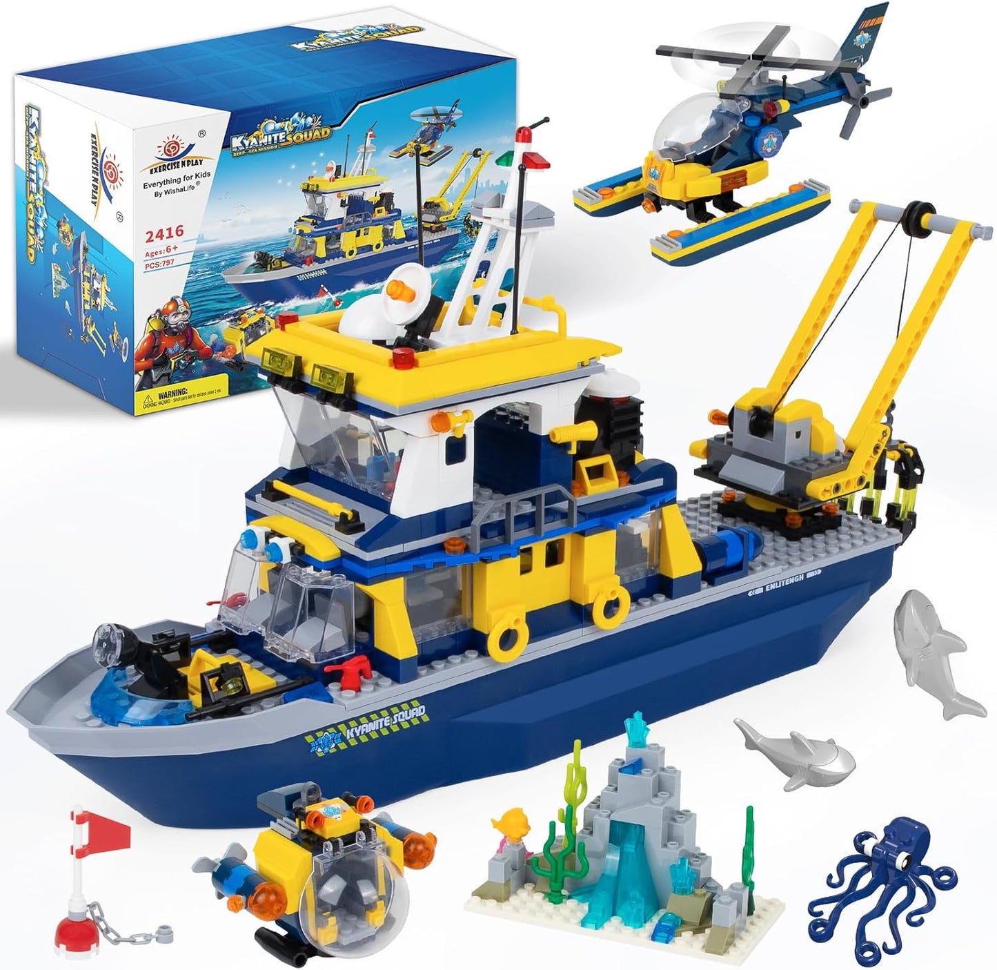 City Arctic Explorer Ship Building Toy Set,797pcs City Arctic Explorer Boat Building Kit with Coral Reef Scene,Octopus,Crab, Submarine and Helicopter,Ocean Building Toy for 6+ Years Old Boy Girl Gift