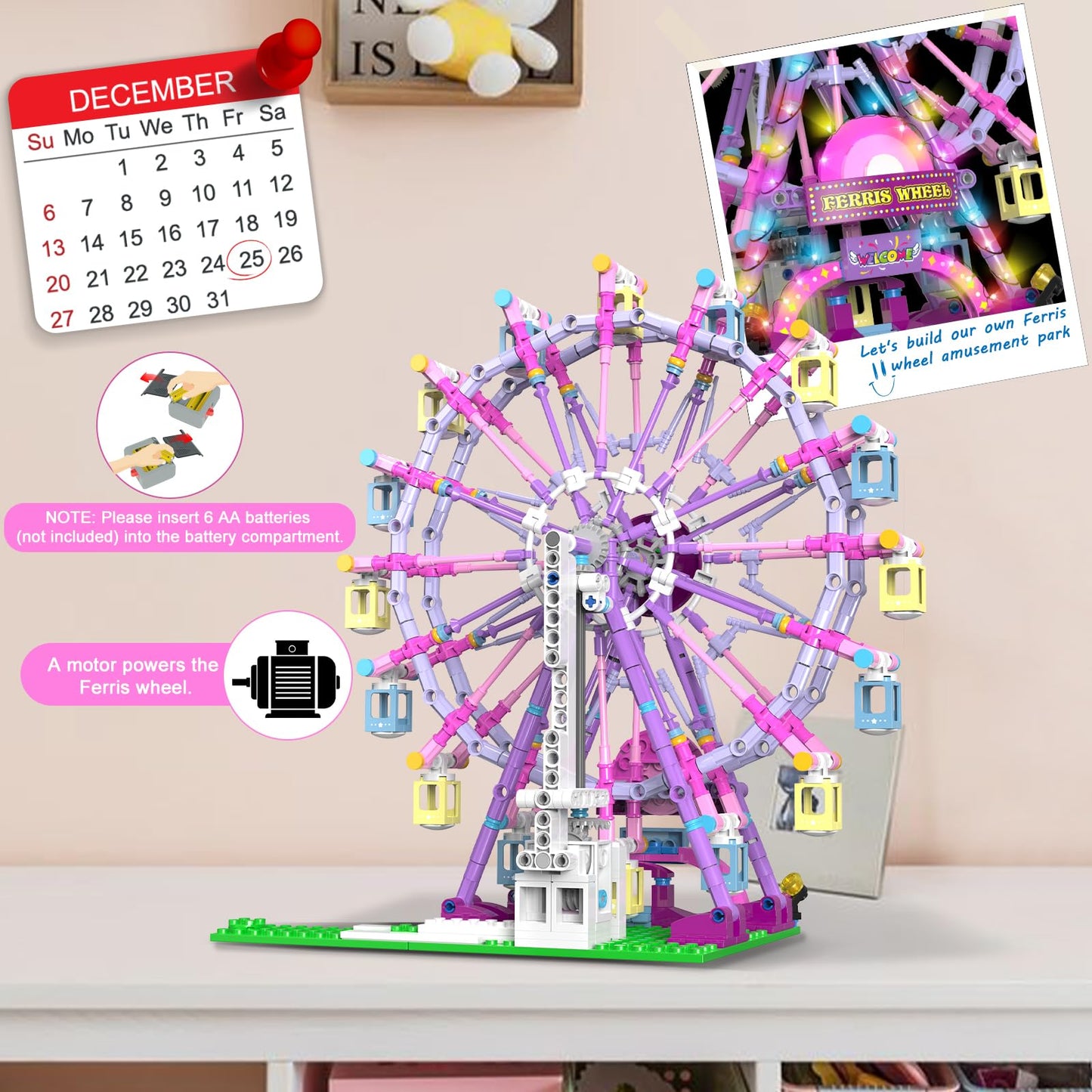 Motorized Ferris Wheel Building Set with Fairy Lights, 813 Piece Creative Toy Building Kit for Two-Way Rotation, Ideal Carnival Construction Kit for Kids Ages 6-12, Engaging Gift for jr Builder