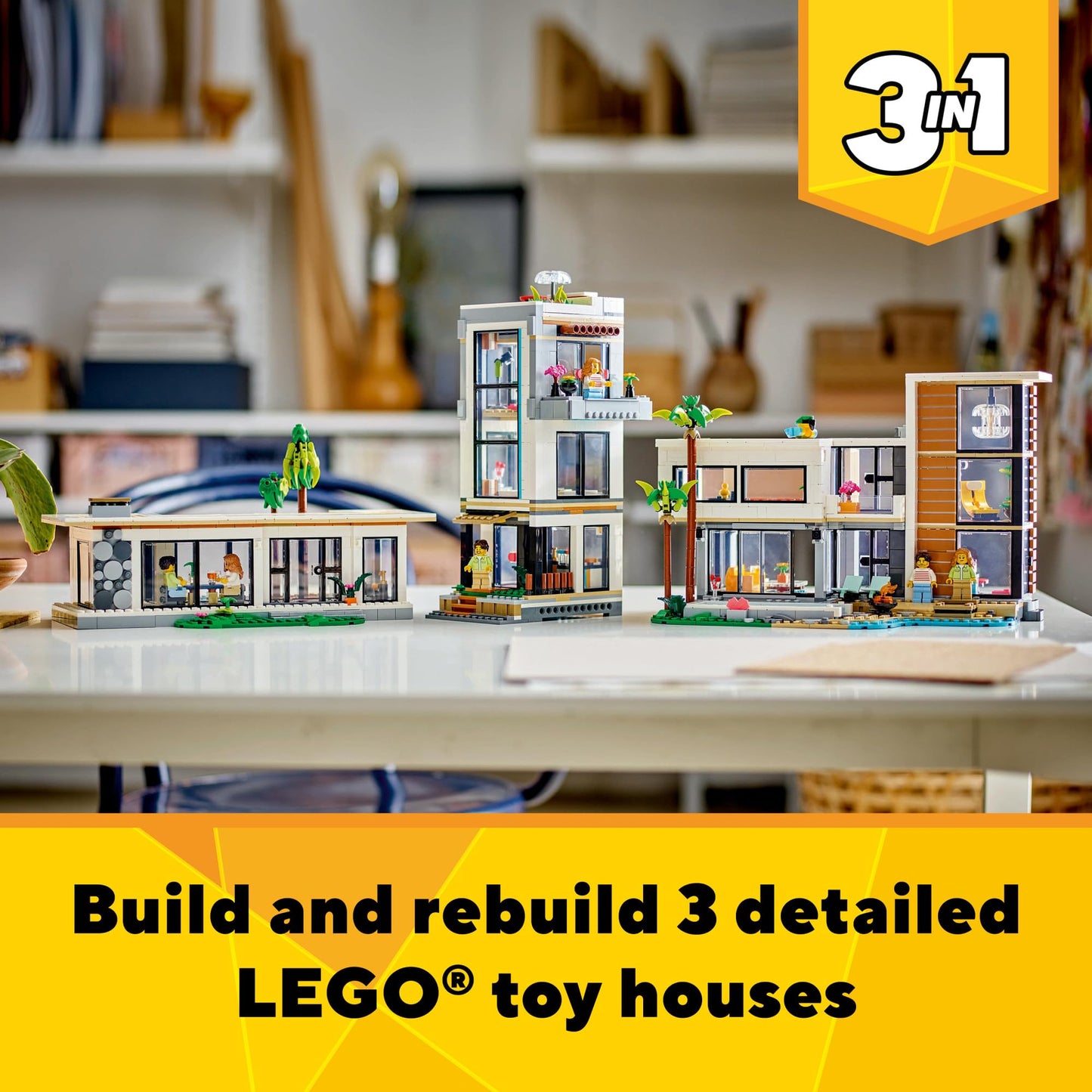 LEGO Creator 3 in 1 Modern House Toy to 3-Story City Building to Forest Cabin, Model House Playset for Kids, Art Building Sets, Gift Idea for Boys and Girls Ages 9 and Up, 31153