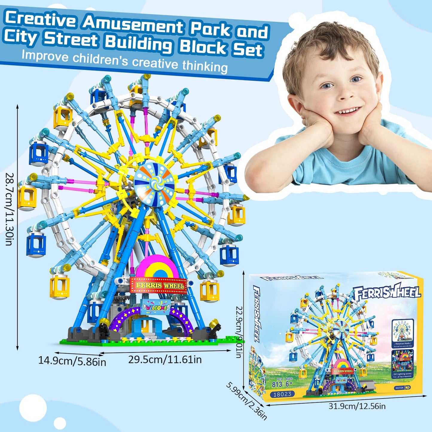 Motorized Ferris Wheel Building Set with Fairy Lights, 813 Piece Creative Toy Building Kit for Two-Way Rotation, Ideal Carnival Construction Kit for Kids Ages 6-12, Engaging Gift for jr Builder