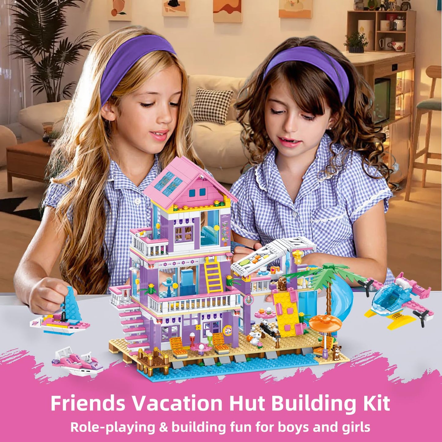 955 Piece Beach House Building Set,Seaside Beach Villa Building Toys Friends Vacation Hut Blocks Set,STEM BuildingToys with Helicopter,Yacht,Sailboat, for Boys Girls Ages 6-12+