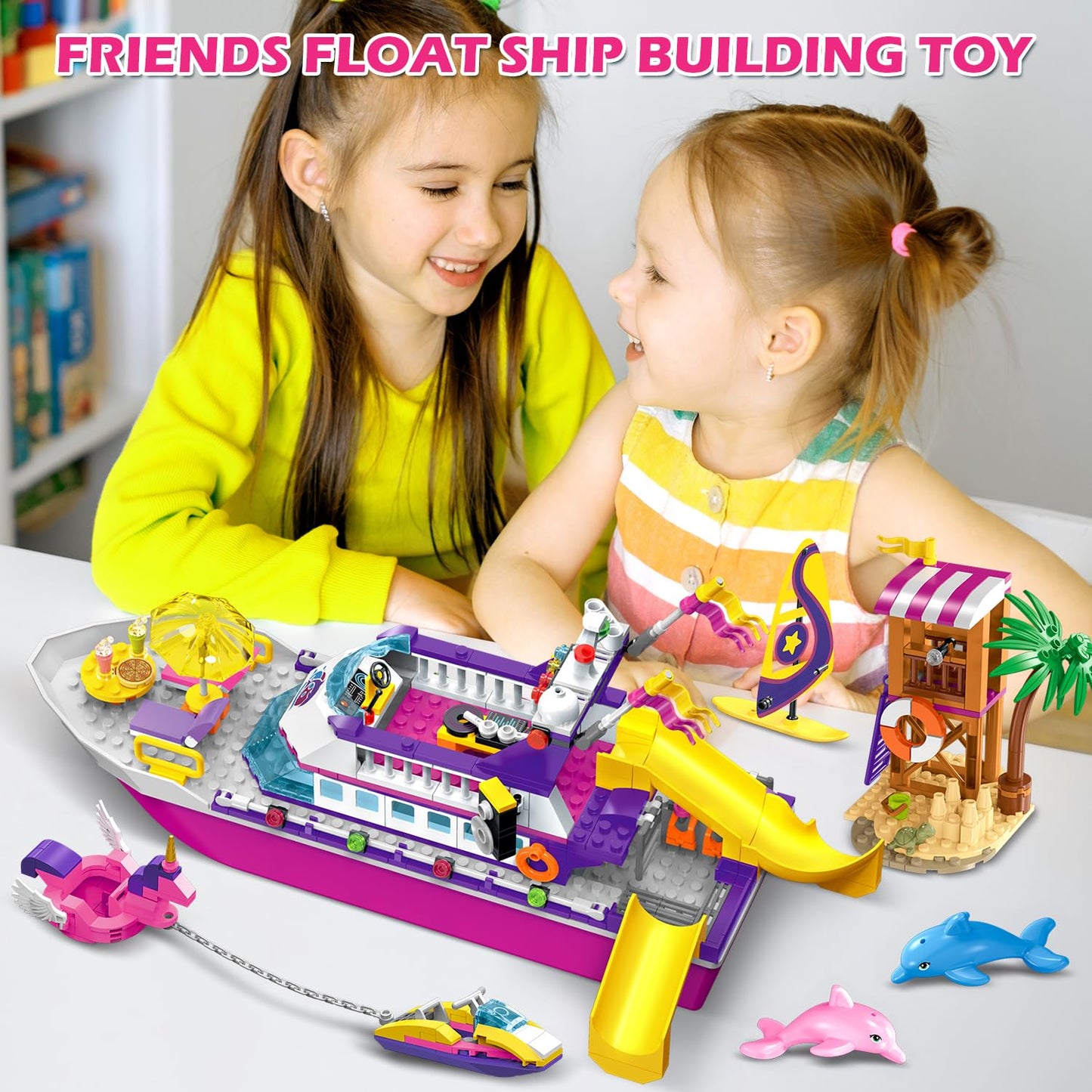 HOGOKIDS Boat Building Set with LED Light - Floatable Cruise Ship Building Toys with Beach Water Scooter & Dolphins Watchtower Blocks Friends Playset Gifts for Kids Girls Boys Ages 6-12 Years（501 PCS）