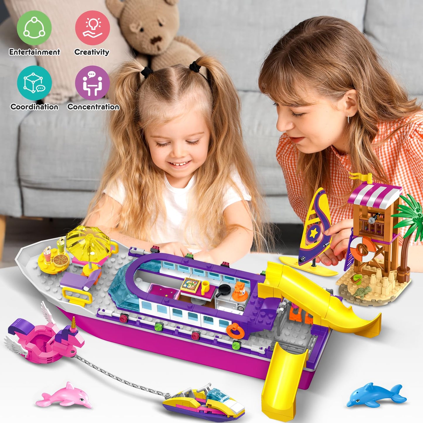 HOGOKIDS Boat Building Set with LED Light - Floatable Cruise Ship Building Toys with Beach Water Scooter & Dolphins Watchtower Blocks Friends Playset Gifts for Kids Girls Boys Ages 6-12 Years（501 PCS）