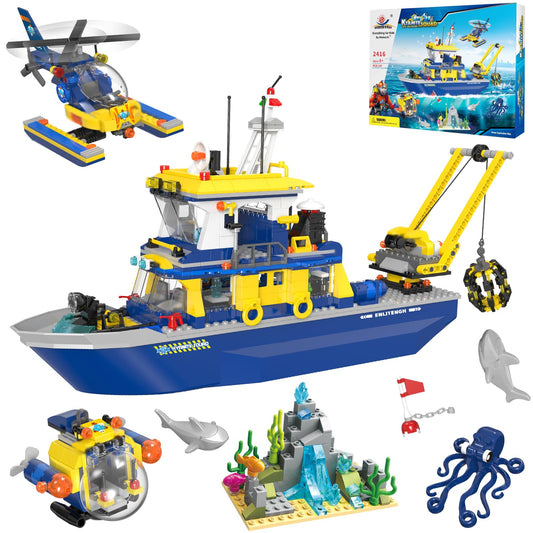 City Ocean Explorer Ship Building Kit, with Helicopter, Submarine, Coral Reef Setting, Shark and Octopus, Creative Ocean Toy Gift for Kids Boys Girls Ages 6+ (797 Pieces)