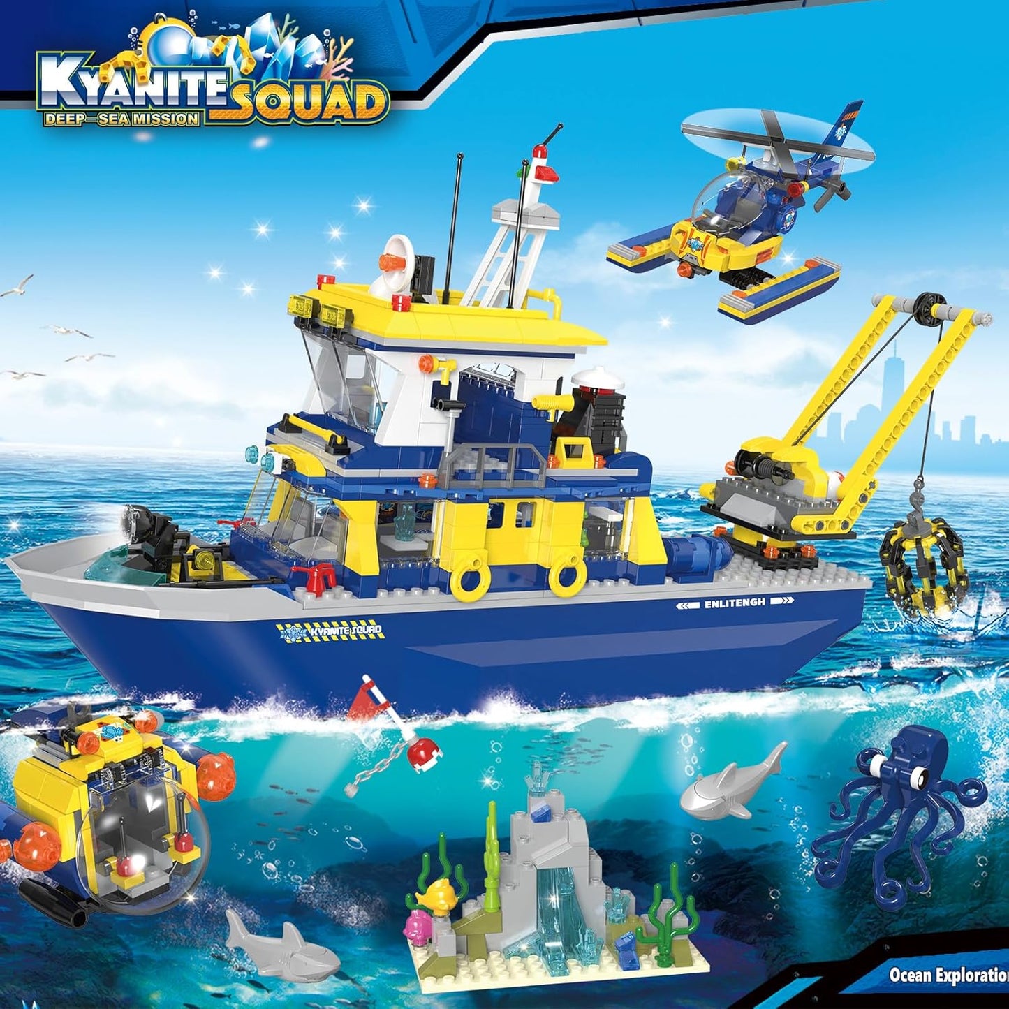 City Arctic Explorer Ship Building Toy Set,797pcs City Arctic Explorer Boat Building Kit with Coral Reef Scene,Octopus,Crab, Submarine and Helicopter,Ocean Building Toy for 6+ Years Old Boy Girl Gift