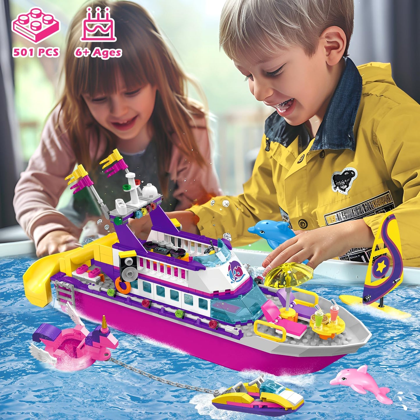 HOGOKIDS Boat Building Set with LED Light - Floatable Cruise Ship Building Toys with Beach Water Scooter & Dolphins Watchtower Blocks Friends Playset Gifts for Kids Girls Boys Ages 6-12 Years（501 PCS）