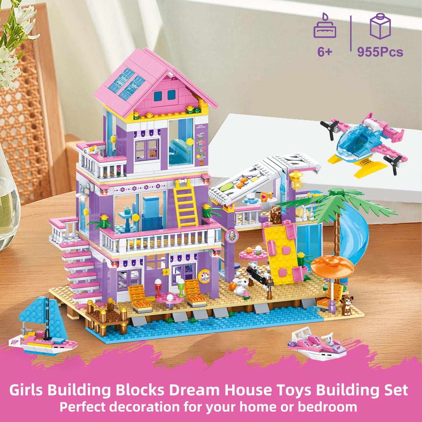 955 Piece Beach House Building Set,Seaside Beach Villa Building Toys Friends Vacation Hut Blocks Set,STEM BuildingToys with Helicopter,Yacht,Sailboat, for Boys Girls Ages 6-12+