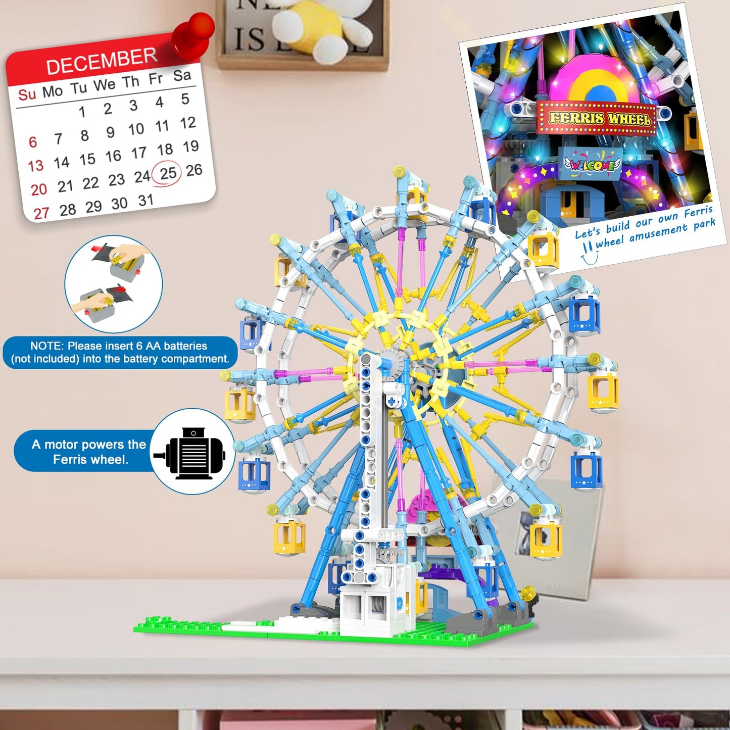 Motorized Ferris Wheel Building Set with Fairy Lights, 813 Piece Creative Toy Building Kit for Two-Way Rotation, Ideal Carnival Construction Kit for Kids Ages 6-12, Engaging Gift for jr Builder