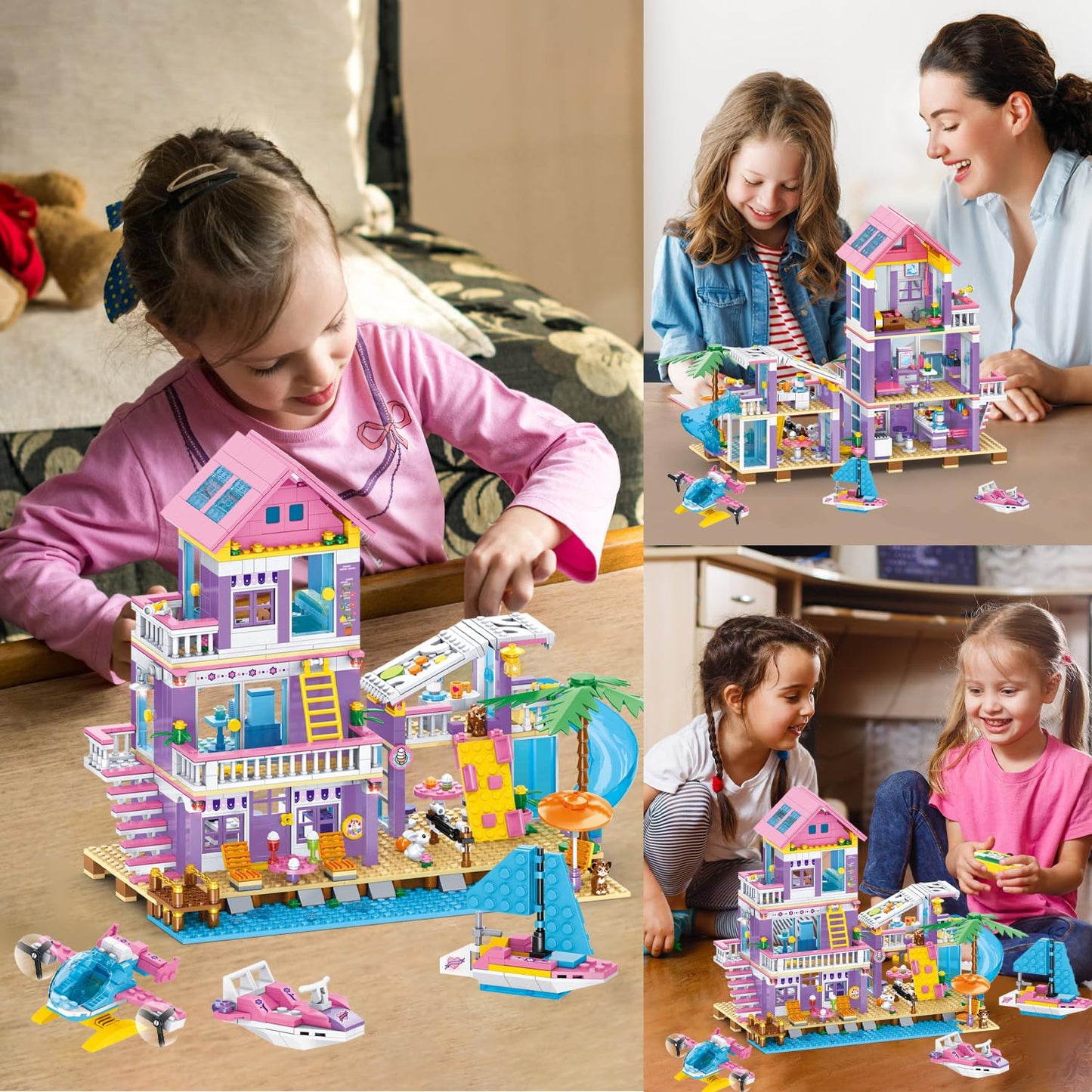 955 Piece Beach House Building Set,Seaside Beach Villa Building Toys Friends Vacation Hut Blocks Set,STEM BuildingToys with Helicopter,Yacht,Sailboat, for Boys Girls Ages 6-12+