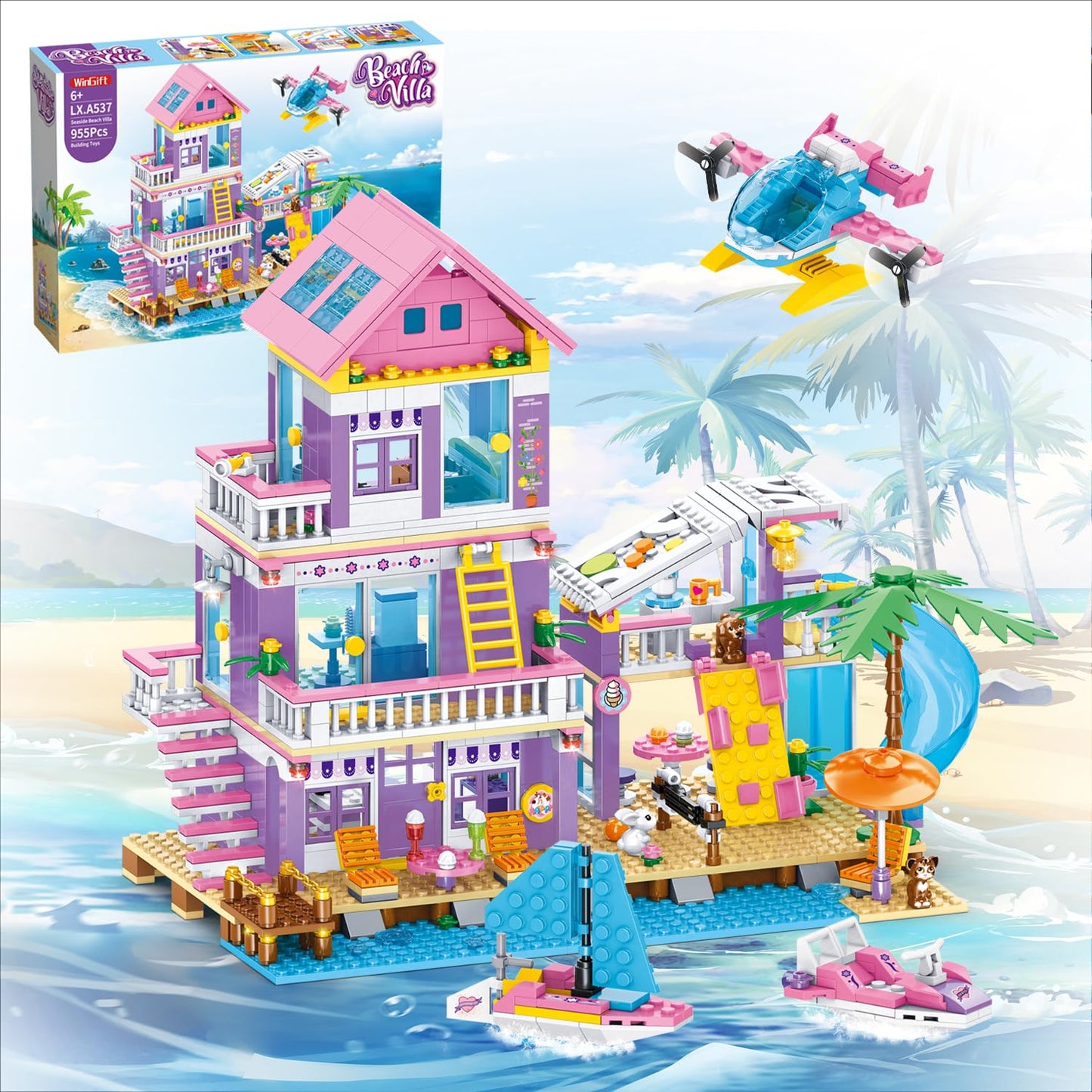 955 Piece Beach House Building Set,Seaside Beach Villa Building Toys Friends Vacation Hut Blocks Set,STEM BuildingToys with Helicopter,Yacht,Sailboat, for Boys Girls Ages 6-12+