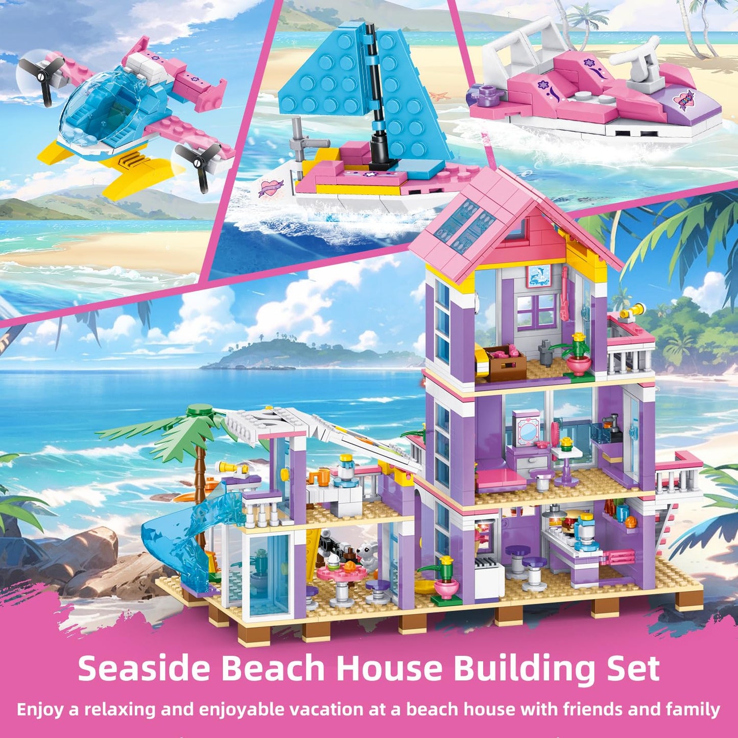 955 Piece Beach House Building Set,Seaside Beach Villa Building Toys Friends Vacation Hut Blocks Set,STEM BuildingToys with Helicopter,Yacht,Sailboat, for Boys Girls Ages 6-12+