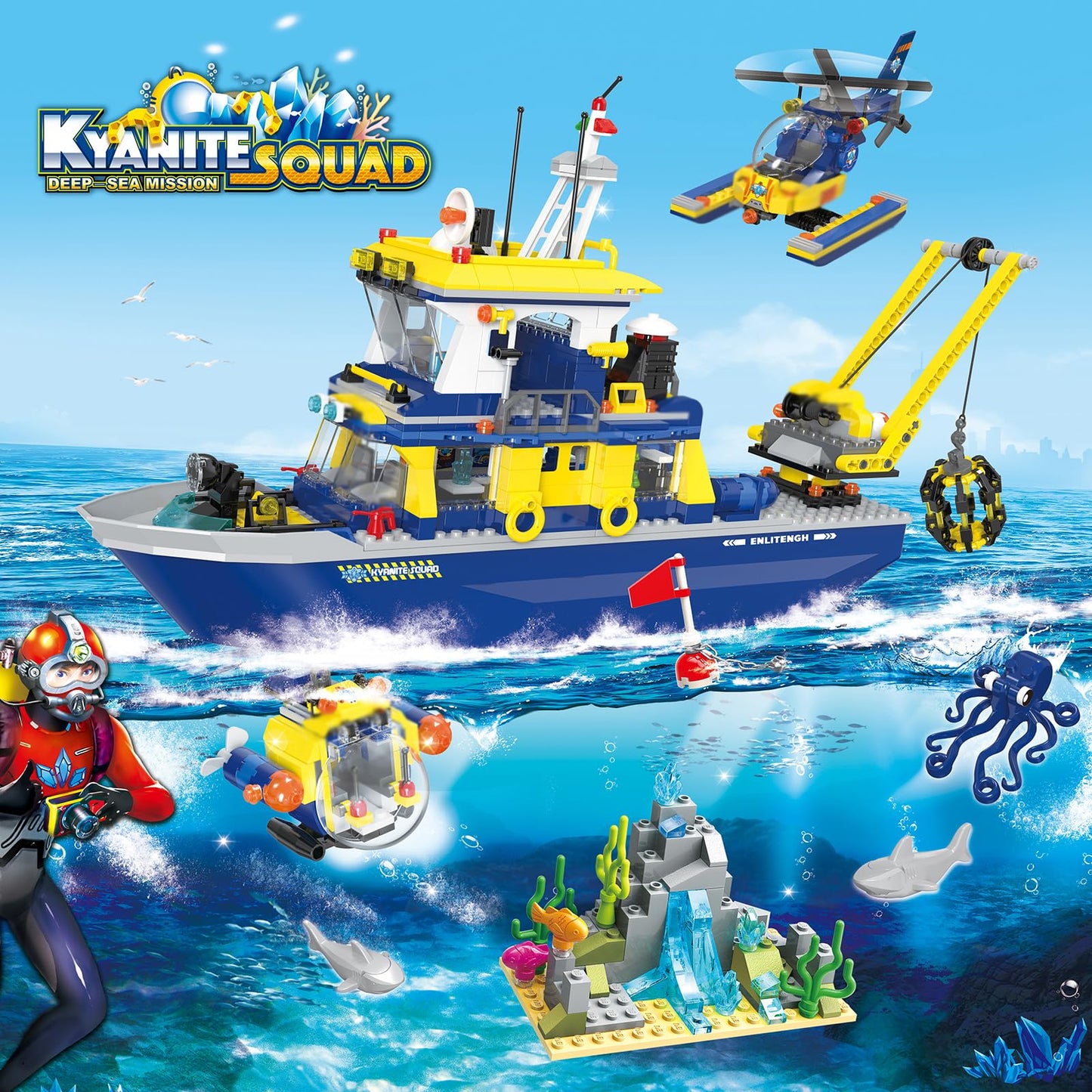 City Ocean Explorer Ship Building Kit, with Helicopter, Submarine, Coral Reef Setting, Shark and Octopus, Creative Ocean Toy Gift for Kids Boys Girls Ages 6+ (797 Pieces)