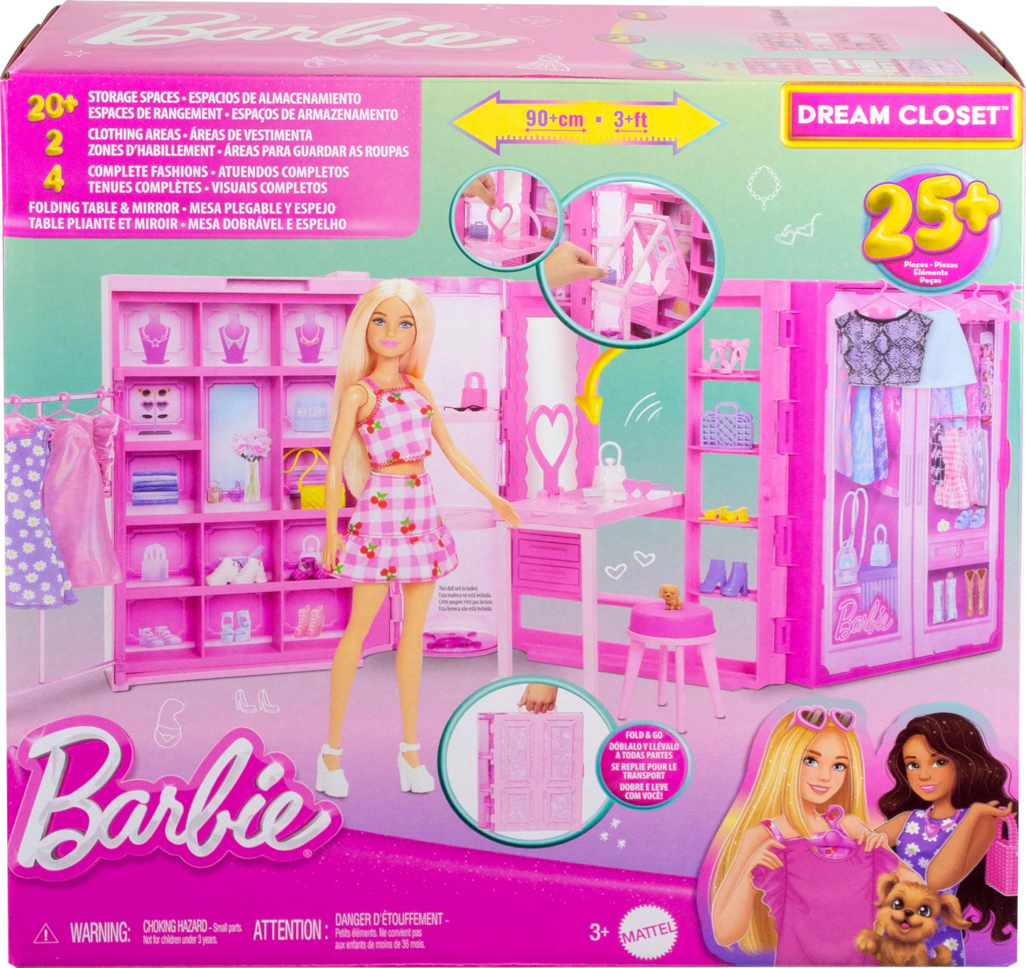 Barbie Dream Closet Toy Playset & Storage with Clothes & Accessories, 3 feet Wide with 25+ Pieces, Includes 4 Complete Fashion Looks